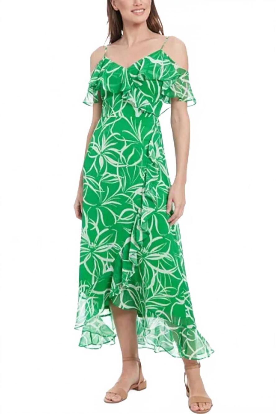 NEW LONDON TIMES floral print cold shoulder hi-lo maxi dress in kelly green wht
